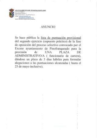 Imagen LISTA PROVISIONAL DE PUNTUACIONES 2º EJERCICIO FASE OPOSICIÓN PLAZA ADMINISTRATIVO FUNCIONARIO DE CARRERA