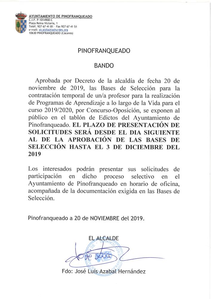Imagen BASES PARA CUBRIR UN PUESTO DE FORMADOR PARA LA REALIZACIÓN DE PROGRAMAS DE APRENDIZAJE A LO LARGO DE LA VIDA 2019-2020