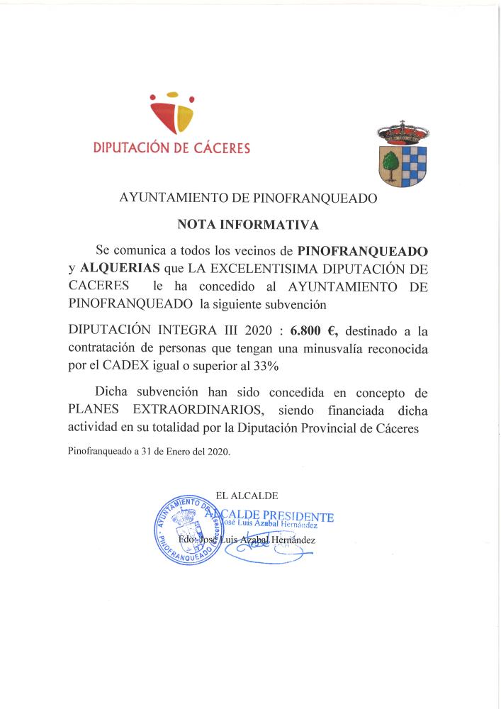 Imagen CONCESIÓN SUBVENCIÓN DIPUTACIÓN INTEGRA III 2020