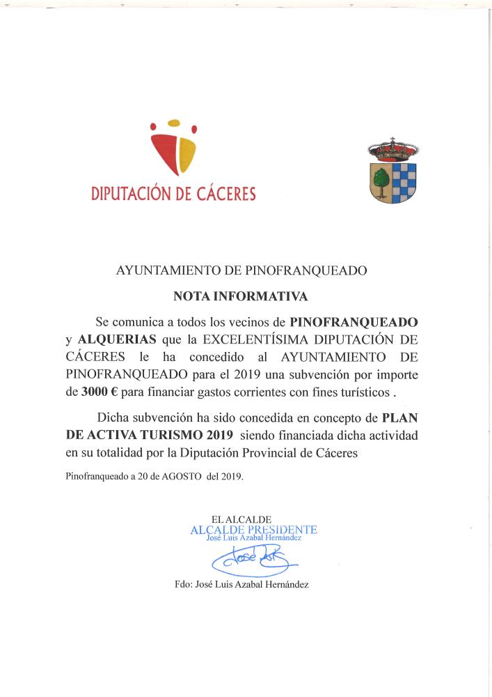 Imagen CONCESIÓN DE SUBVENCIÓN PLAN ACTIVA TURISMO 2019