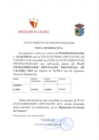 Imagen CONCESIÓN SUBVENCIÓN PLAN EXTRAORDINARIO DIPUTACIÓN CÁCERES 2025