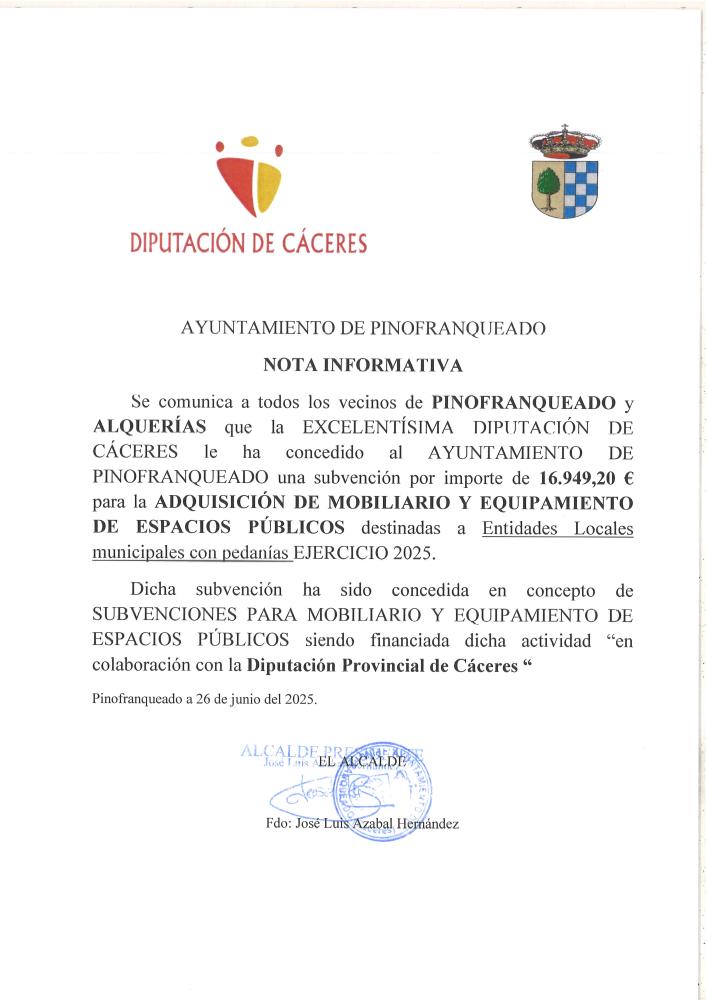 Imagen CONCESIÓN SUBVENCIÓN ADQUISICIÓN MOBILIARIO Y EQUIPAMIENTO DE ESPACIOS PÚBLICOS PEDANIAS 2025