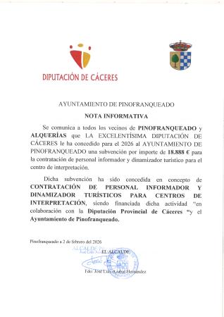 Imagen CONCESIÓN SUBVENCIÓN CONTRATACIÓN DE PERSONAL INFORMADOR Y DINAMIZADOR TURÍSTICOS PARA CENTROS DE INTERPRETACIÓN