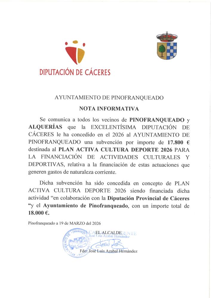 Imagen CONCESIÓN SUBVENCIÓN PLAN ACTIVA CULTURA DEPORTE 2026