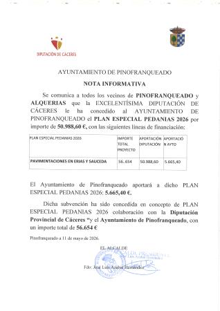 Imagen CONCESIÓN SUBVENCIÓN PLAN ESPECIAL PEDANIAS 2026