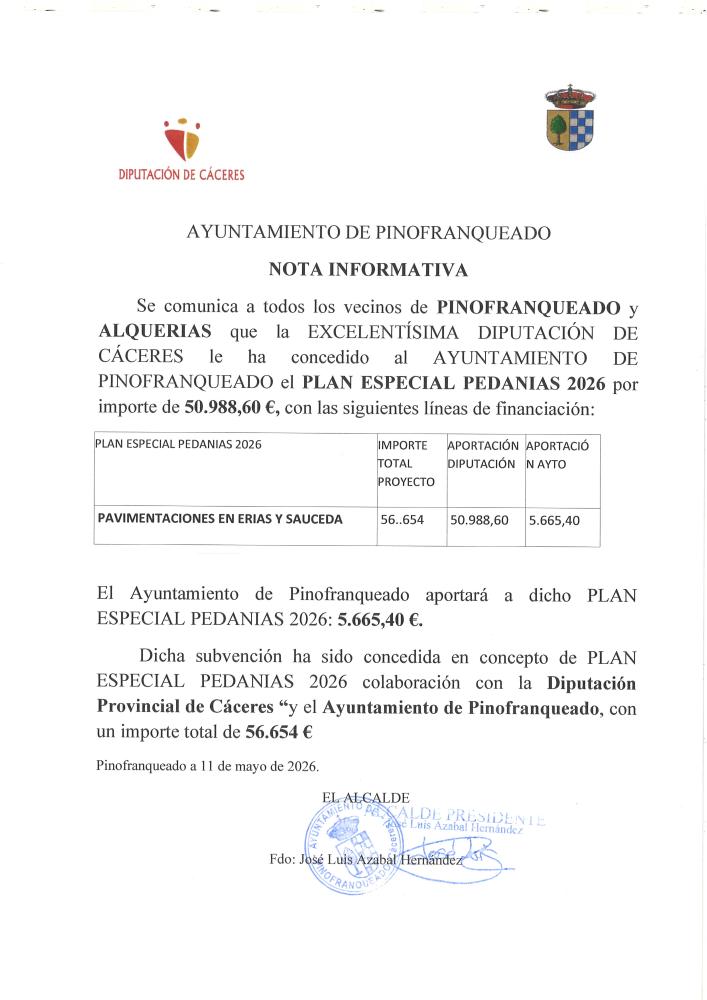 Imagen CONCESIÓN SUBVENCIÓN PLAN ESPECIAL PEDANIAS 2026
