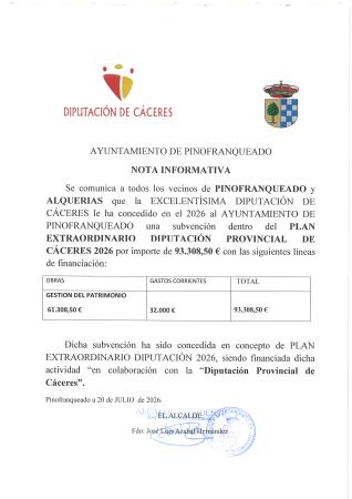 Imagen CONCESIÓN SUBVENCIÓN PLAN EXTRAORDINARIO DIPUTACIÓN CÁCERES 2026