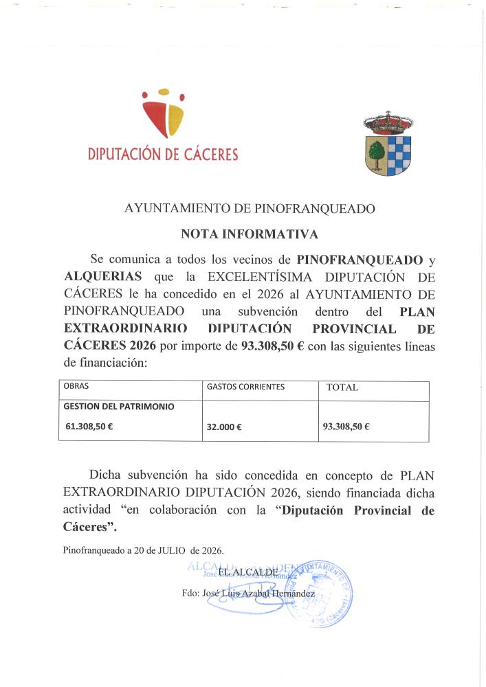 Imagen CONCESIÓN SUBVENCIÓN PLAN EXTRAORDINARIO DIPUTACIÓN CÁCERES 2026