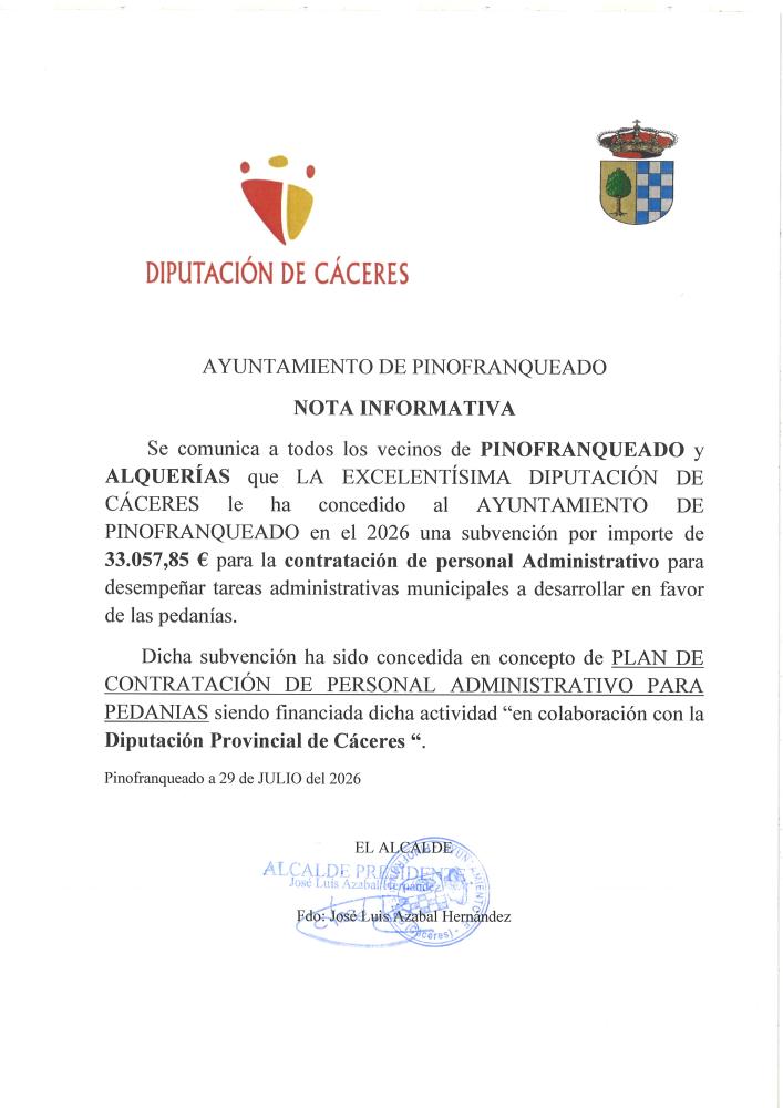 Imagen CONCESIÓN SUBVENCIÓN CONTRATACIÓN PERSONAL ADMINISTRATIVO A ENTIDADES LOCALES CON PEDANIAS 2026