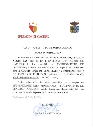 Imagen CONCESIÓN SUBVENCIÓN ADQUISICIÓN MOBILIARIO Y EQUIPAMIENTO-PEDANIAS 2026