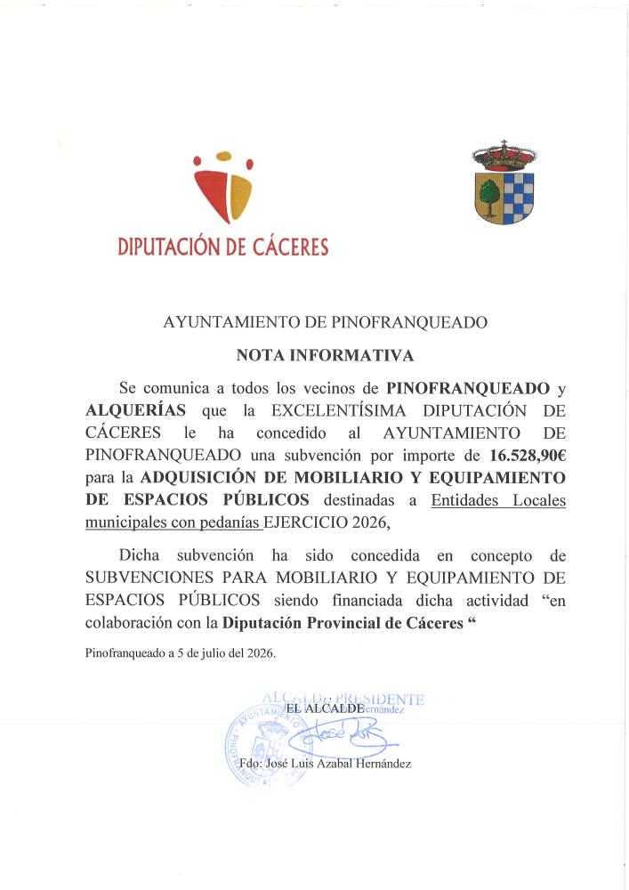 Imagen CONCESIÓN SUBVENCIÓN ADQUISICIÓN MOBILIARIO Y EQUIPAMIENTO-PEDANIAS 2026